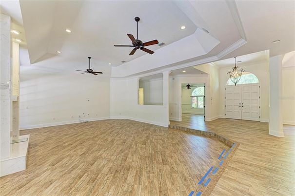 Chandelier, Empty room, Interior, Recessed Lighting, Wood Texture Flooring