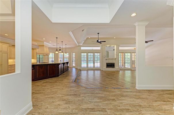 Fireplace, Interior, Pendant Lights, Recessed Lighting, Wood Texture Flooring
