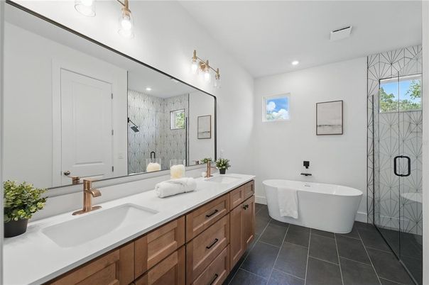 Bathroom, Dual Sink Vanities, Free Standing Baths, Glass Shower, Interior, Recessed Lighting