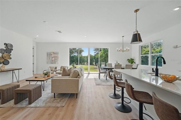 Dining room, Interior, Kitchen, Living room, Pendant Lights, Recessed Lighting, Wood Texture Flooring