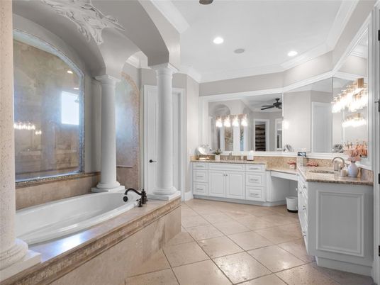 Bathroom, Dual Sink Vanities, Glass Shower, Interior, Recessed Lighting