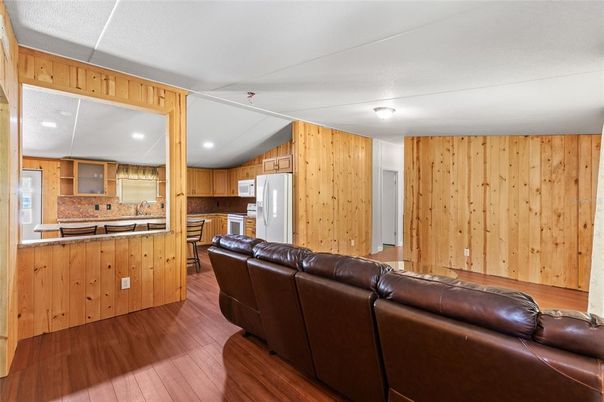 Interior, Kitchen, Living room, Recessed Lighting, Wood Texture Flooring, Wooden Walls