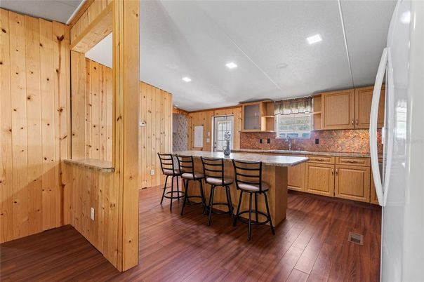 Interior, Kitchen, Recessed Lighting, Wood Texture Flooring, Wooden Walls