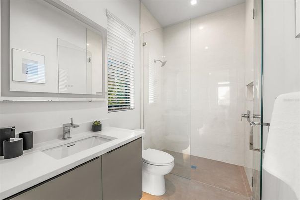 Bathroom, Glass Shower, Interior, Recessed Lighting