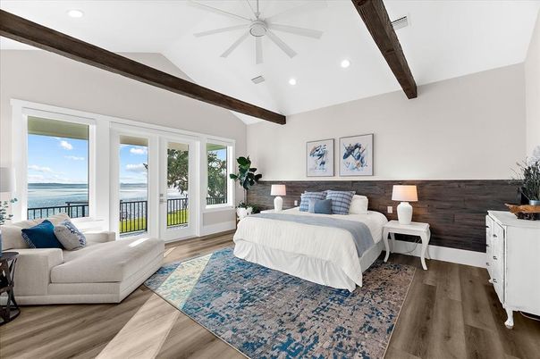 Bedroom, Interior, Recessed Lighting, Water, Wooden Beams, Wood Texture Flooring