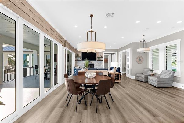 Dining room, Interior, Living room, Pendant Lights, Recessed Lighting, Wood Texture Flooring