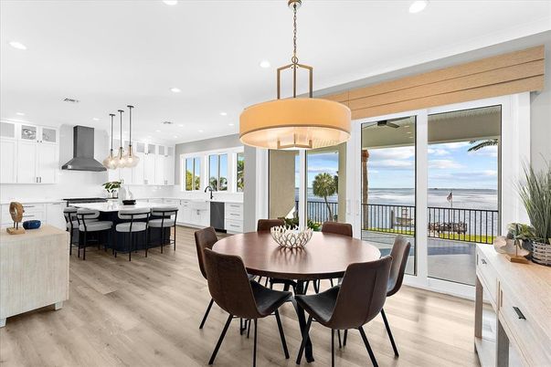 Dining room, Interior, Kitchen, Pendant Lights, Recessed Lighting, Water, Wood Texture Flooring