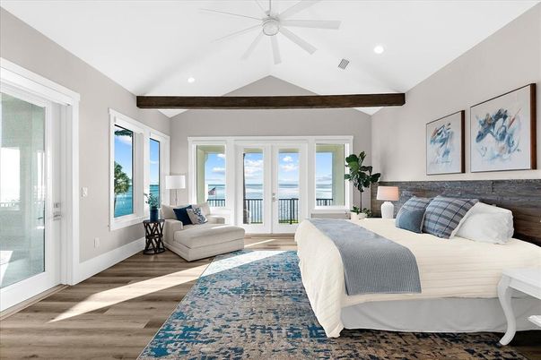 Bedroom, Interior, Recessed Lighting, Water, Wooden Beams, Wood Texture Flooring