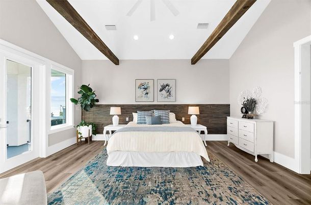 Bedroom, Interior, Recessed Lighting, Wooden Beams, Wood Texture Flooring