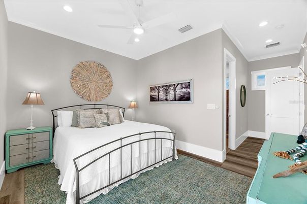 Bedroom, Interior, Recessed Lighting, Wood Texture Flooring