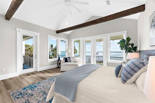 Bedroom, Interior, Recessed Lighting, Water, Wooden Beams, Wood Texture Flooring