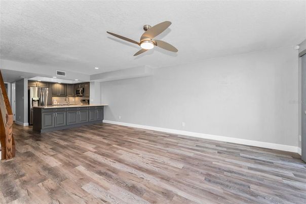 Empty room, Interior, Kitchen, Recessed Lighting, Wood Texture Flooring
