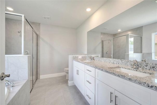 Bathroom, Dual Sink Vanities, Glass Shower, Interior, Recessed Lighting