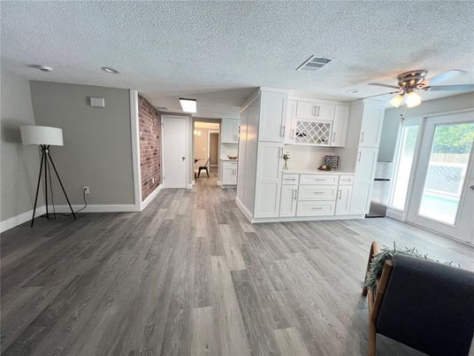 Empty room, Interior, Kitchen, Stone Walls, Wood Texture Flooring