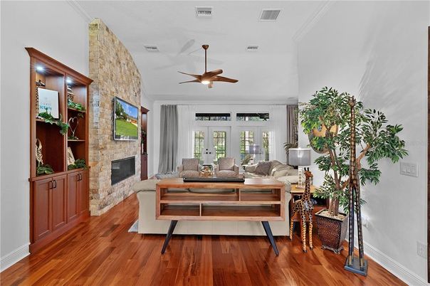 Fireplace, Interior, Living room, Stone Walls, Wood Texture Flooring