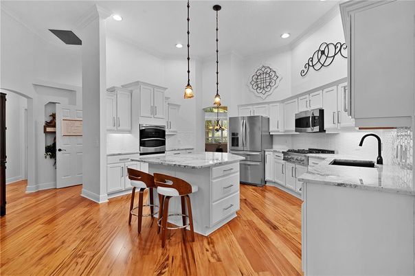 Interior, Kitchen, Pendant Lights, Recessed Lighting, Stainless Steel Appliances, Wood Texture Flooring