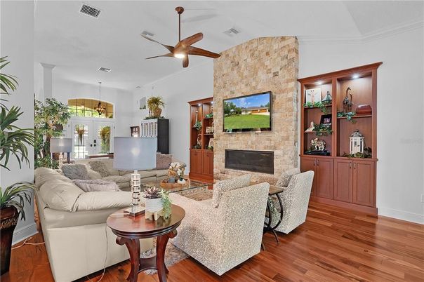 Fireplace, Interior, Living room, Pendant Lights, Stone Walls, Wood Texture Flooring