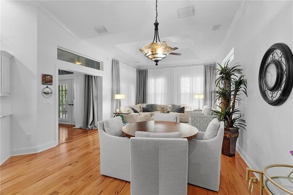 Dining room, Interior, Living room, Pendant Lights, Wood Texture Flooring