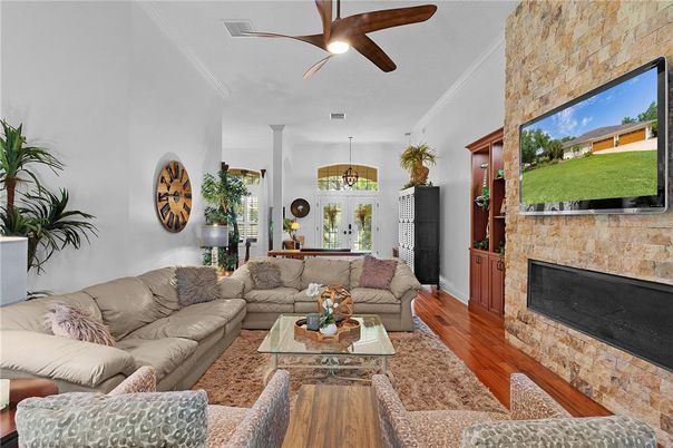 Fireplace, Interior, Living room, Pendant Lights, Stone Walls, Wood Texture Flooring
