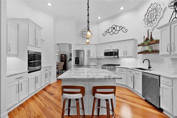 Interior, Kitchen, Pendant Lights, Recessed Lighting, Stainless Steel Appliances, Wood Texture Flooring