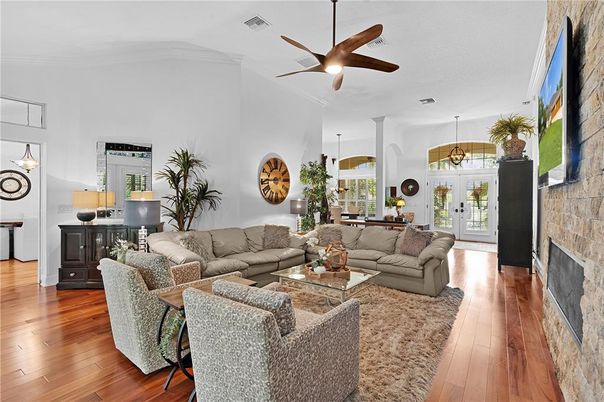 Fireplace, Interior, Living room, Pendant Lights, Stone Walls, Wood Texture Flooring