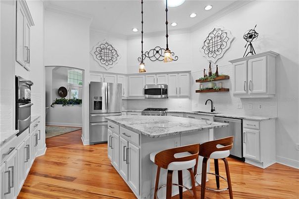 Interior, Kitchen, Pendant Lights, Recessed Lighting, Stainless Steel Appliances, Wood Texture Flooring