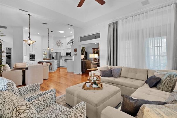 Dining room, Interior, Kitchen, Living room, Pendant Lights, Recessed Lighting, Stainless Steel Appliances, Wood Texture Flooring