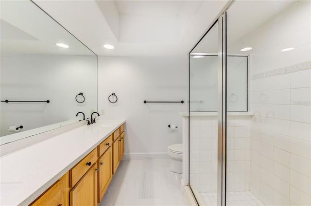 Bathroom, Dual Sink Vanities, Glass Shower, Interior, Recessed Lighting