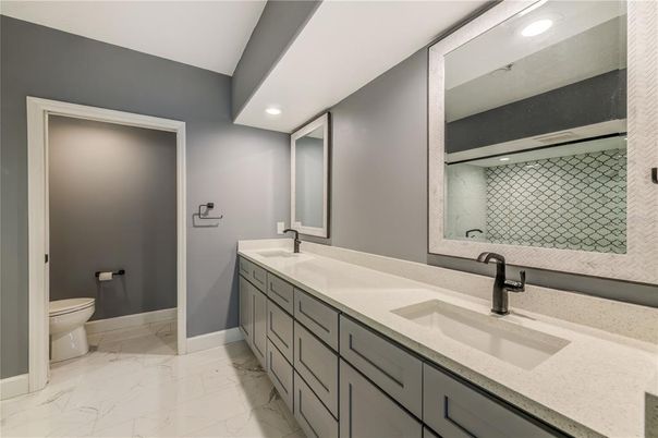 Bathroom, Dual Sink Vanities, Interior, Marble, Recessed Lighting