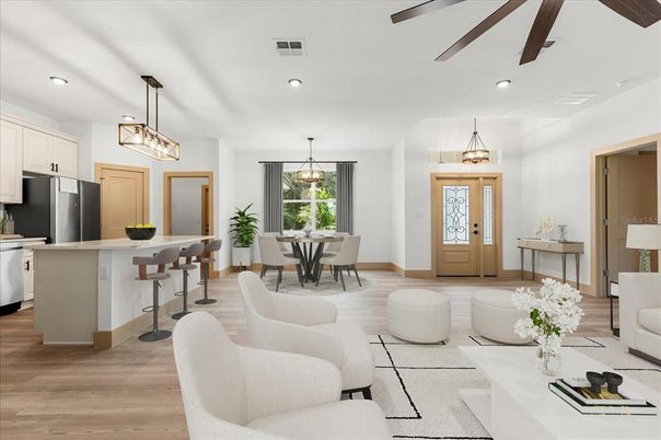 Dining room, Interior, Kitchen, Living room, Pendant Lights, Recessed Lighting, Wood Texture Flooring