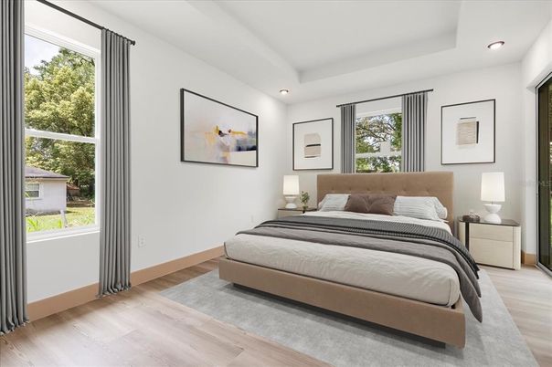 Bedroom, Interior, Recessed Lighting, Wood Texture Flooring