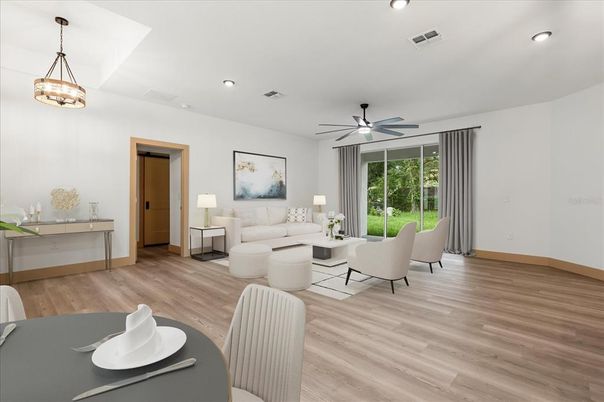 Dining room, Interior, Living room, Pendant Lights, Recessed Lighting, Wood Texture Flooring