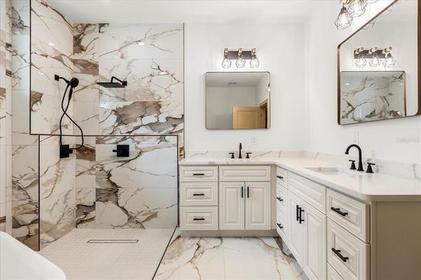 Bathroom, Dual Sink Vanities, Interior, Marble, Marble Walls