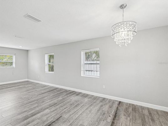 Chandelier, Empty room, Interior, Recessed Lighting, Wood Texture Flooring