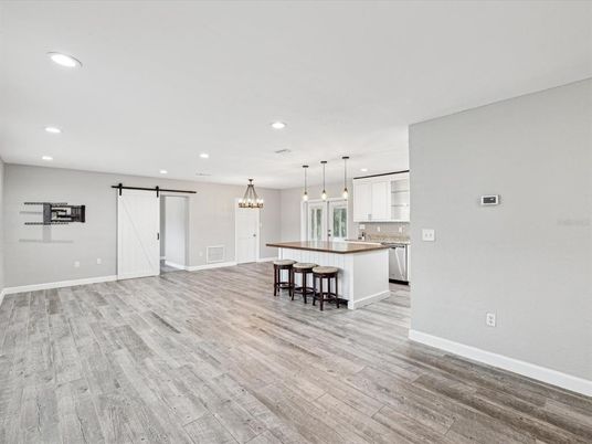 Empty room, Interior, Kitchen, Pendant Lights, Recessed Lighting, Wood Texture Flooring