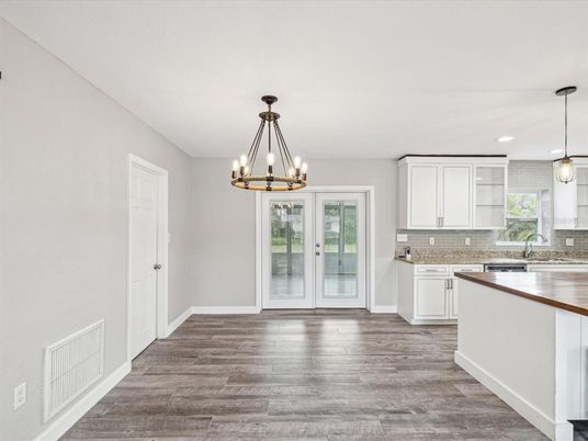 Chandelier, Interior, Kitchen, Pendant Lights, Recessed Lighting, Wood Texture Flooring