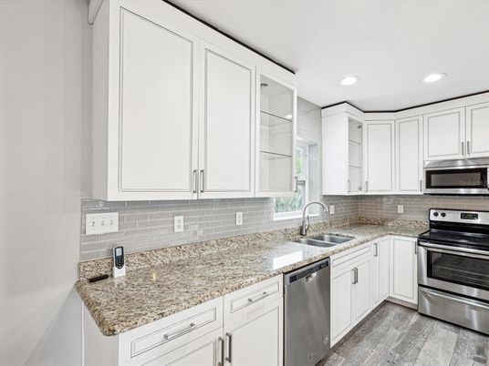Interior, Kitchen, Recessed Lighting, Stainless Steel Appliances, Wood Texture Flooring