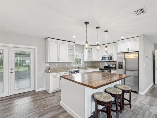 Interior, Kitchen, Pendant Lights, Recessed Lighting, Stainless Steel Appliances, Wood Texture Flooring