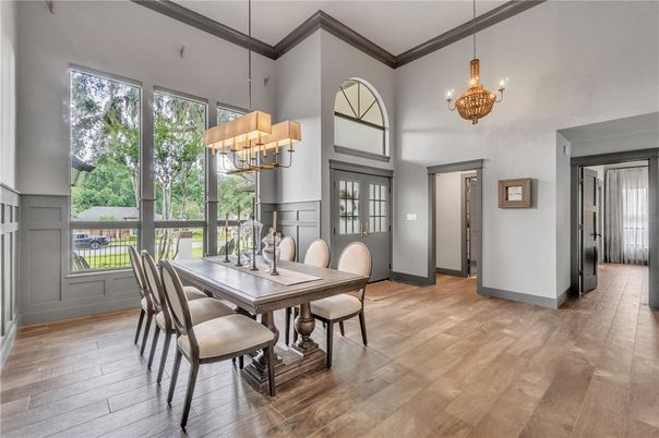 Chandelier, Dining room, Interior, Wood Texture Flooring