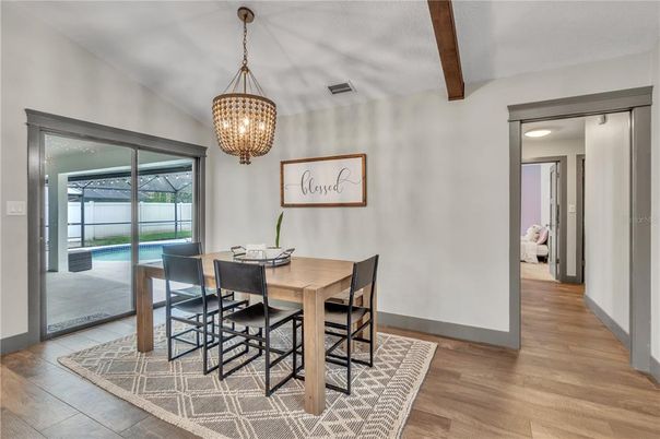 Chandelier, Dining room, Interior, Wooden Beams, Wood Texture Flooring