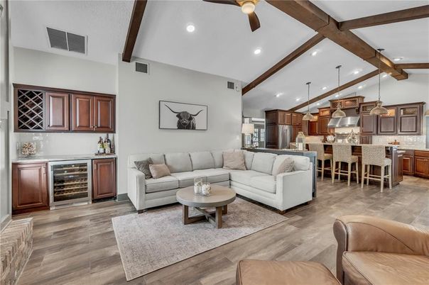Interior, Kitchen, Living room, Pendant Lights, Recessed Lighting, Stainless Steel Appliances, Wooden Beams, Wood Texture Flooring