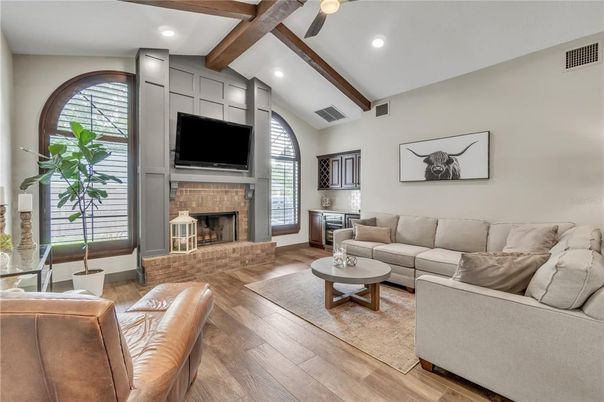 Fireplace, Interior, Living room, Recessed Lighting, Wooden Beams, Wood Texture Flooring