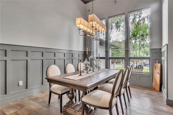 Chandelier, Dining room, Interior, Wood Texture Flooring
