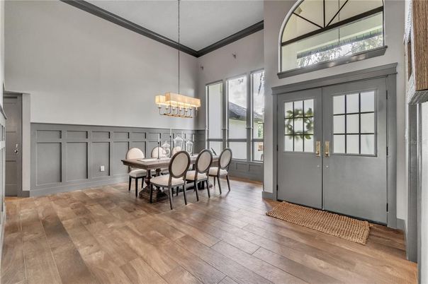 Chandelier, Dining room, Interior, Wood Texture Flooring