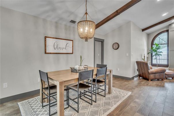 Chandelier, Dining room, Interior, Recessed Lighting, Wood Texture Flooring