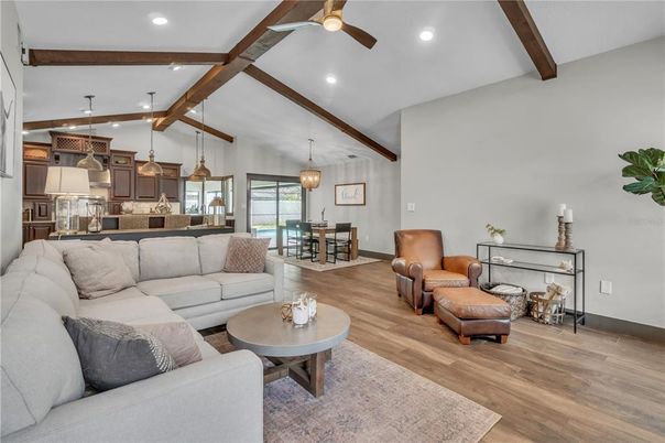 Dining room, Interior, Kitchen, Living room, Pendant Lights, Recessed Lighting, Wooden Beams, Wood Texture Flooring