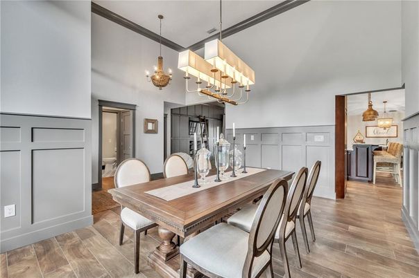 Chandelier, Dining room, Interior, Wood Texture Flooring