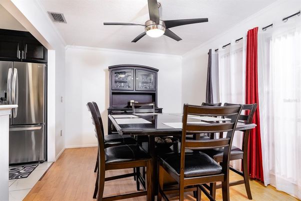 Dining room, Interior, Kitchen, Stainless Steel Appliances, Wood Texture Flooring