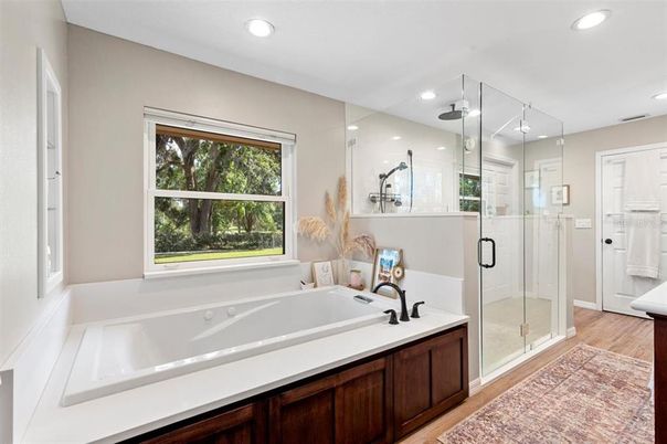 Bathroom, Glass Shower, Interior, Recessed Lighting, Wood Texture Flooring