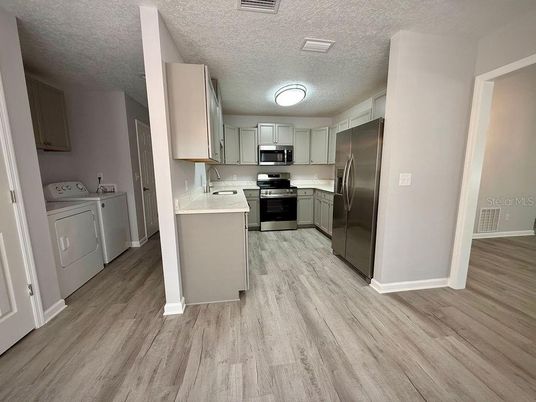 Interior, Kitchen, Stainless Steel Appliances, Washer, Wood Texture Flooring